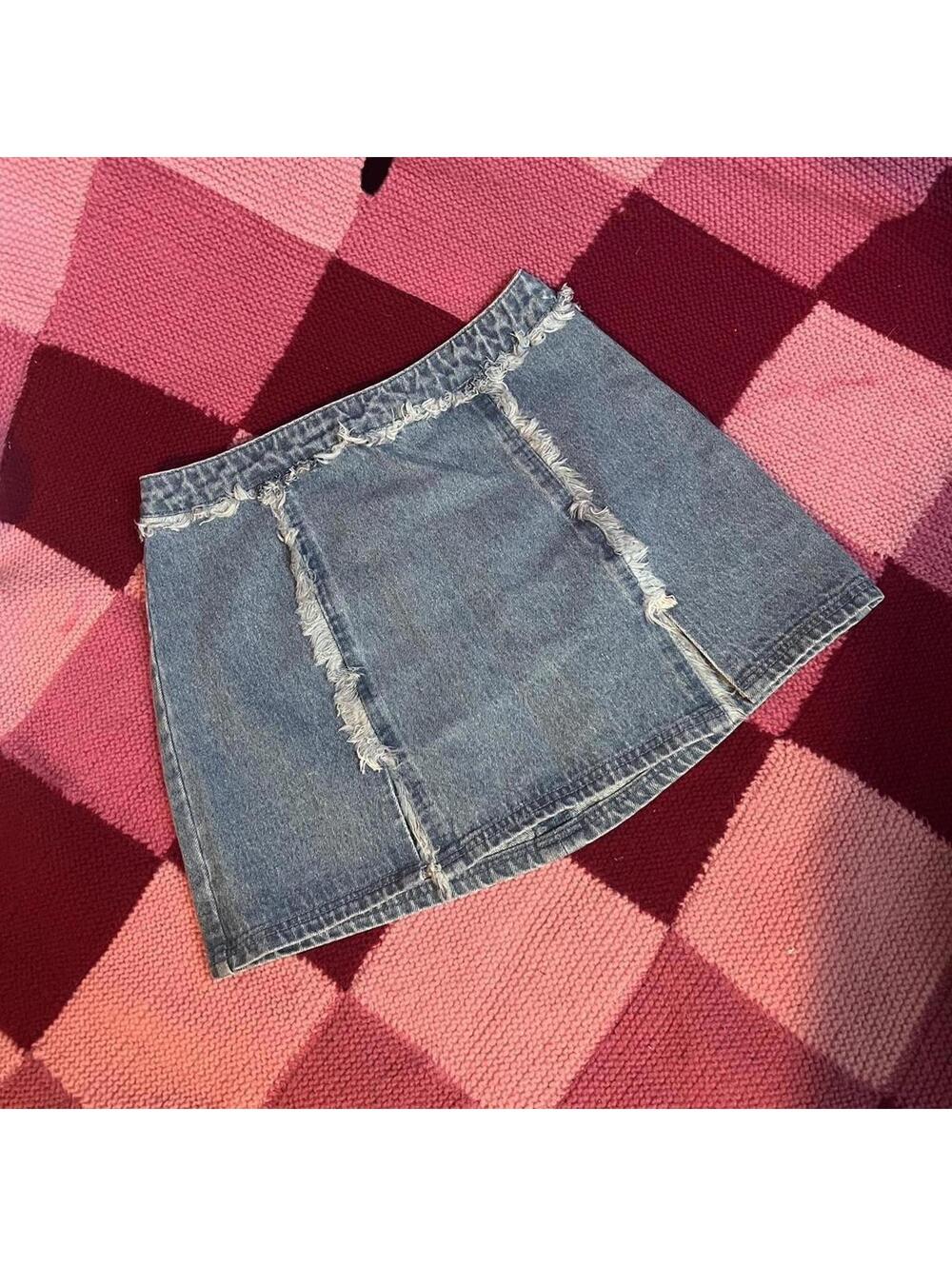 light blue frayed denim mini skirt